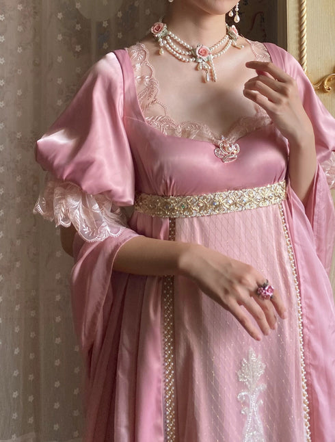 Pink Regency Era Dress with Lace Embroidery and Draped Sleeves – Bridgerton Inspired Lolita Dress Plus Size